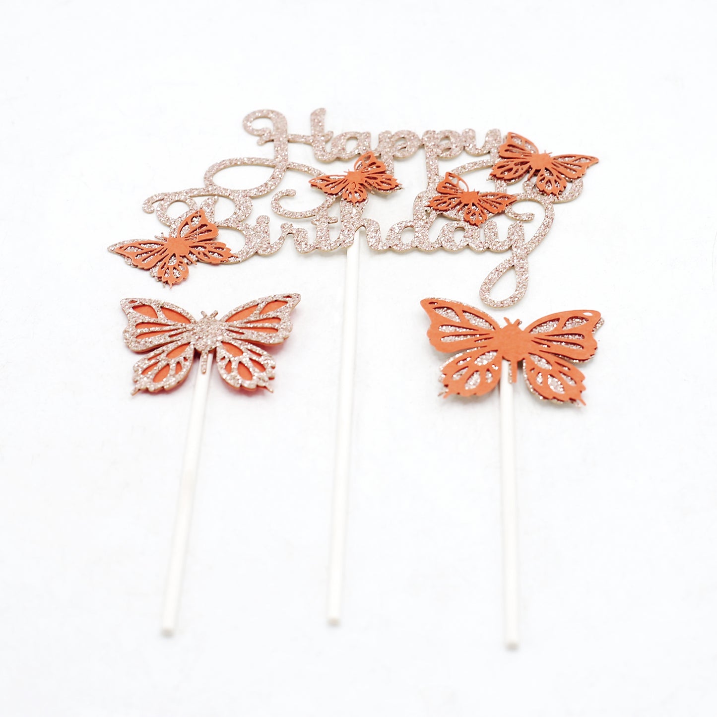 Happy Birthday And Butterfly Cake Topper 3Pcs Set Peach