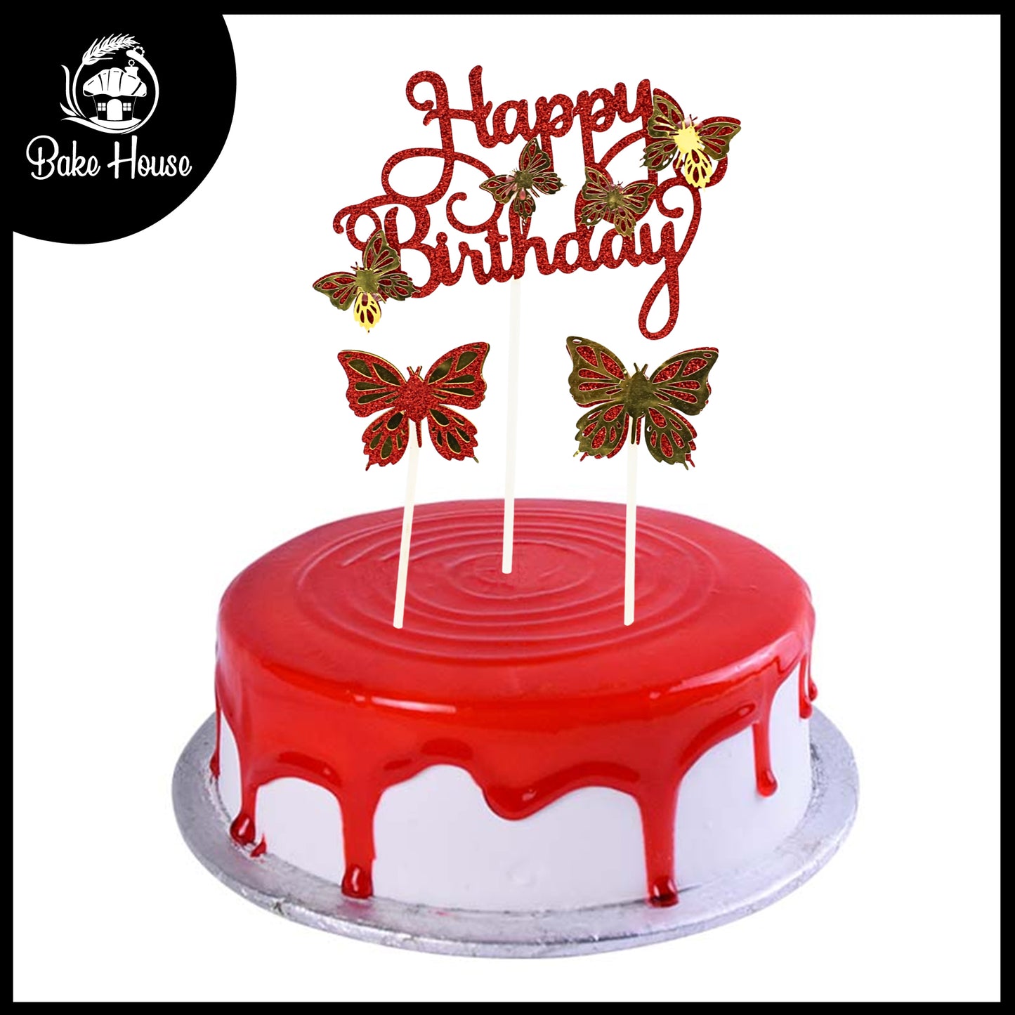Happy Birthday And Butterfly Cake Topper 3Pcs Set Red