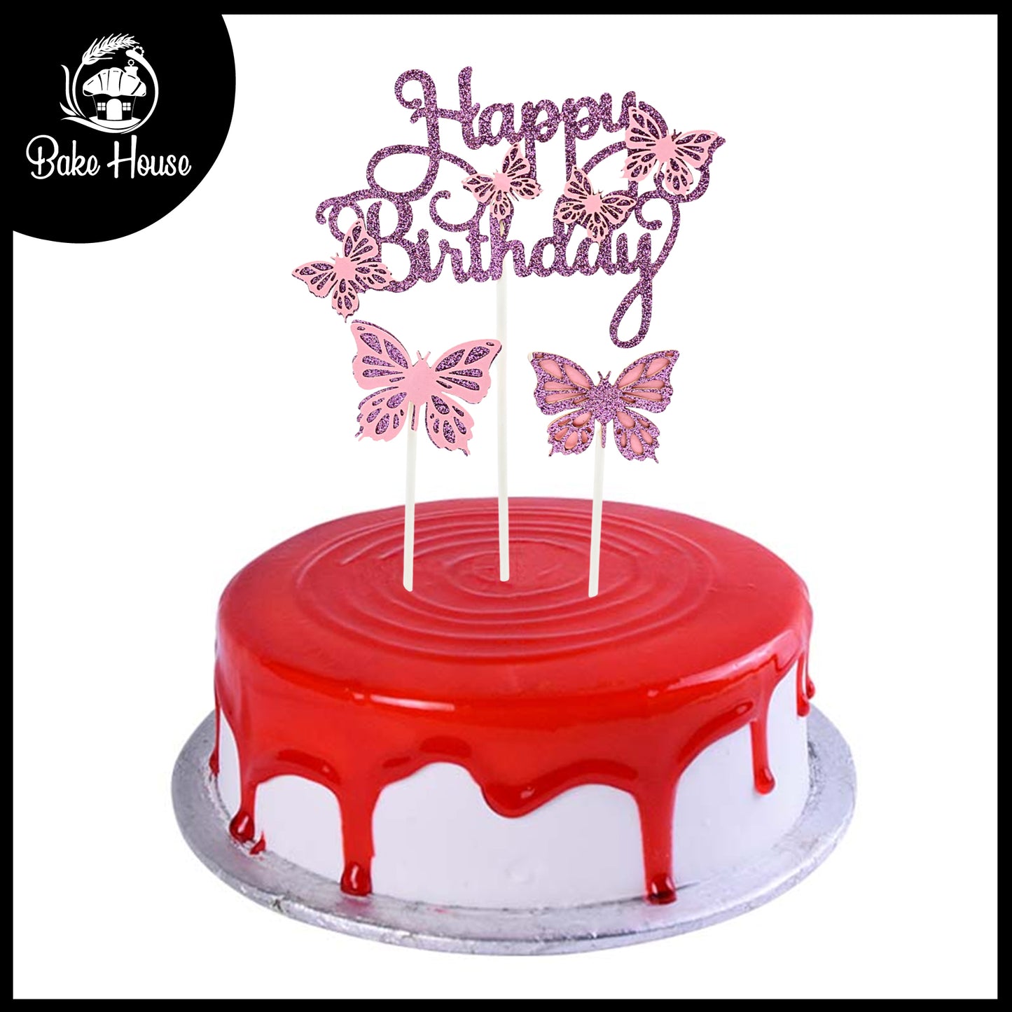 Happy Birthday And Butterfly Cake Topper 3Pcs Set Pink