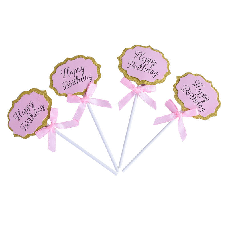 Pink Happy Birthday Cupcake Topper 4 Pcs Pack