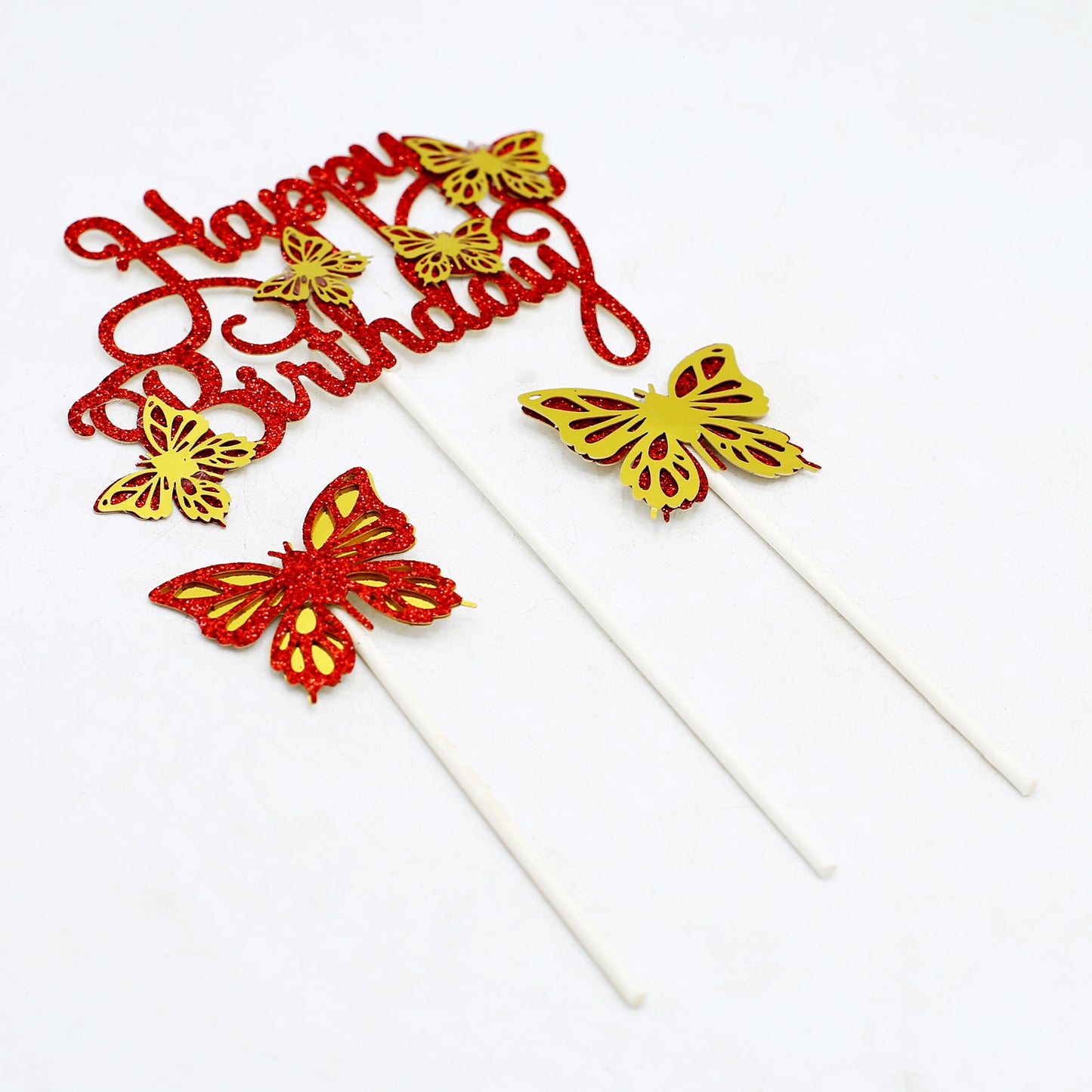 Happy Birthday And Butterfly Cake Topper 3Pcs Set Red