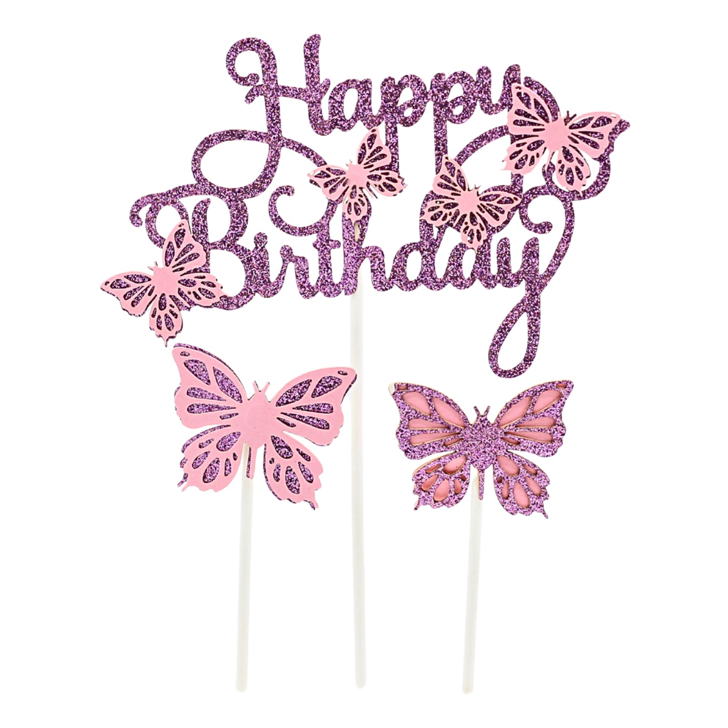 Happy Birthday And Butterfly Cake Topper 3Pcs Set Pink
