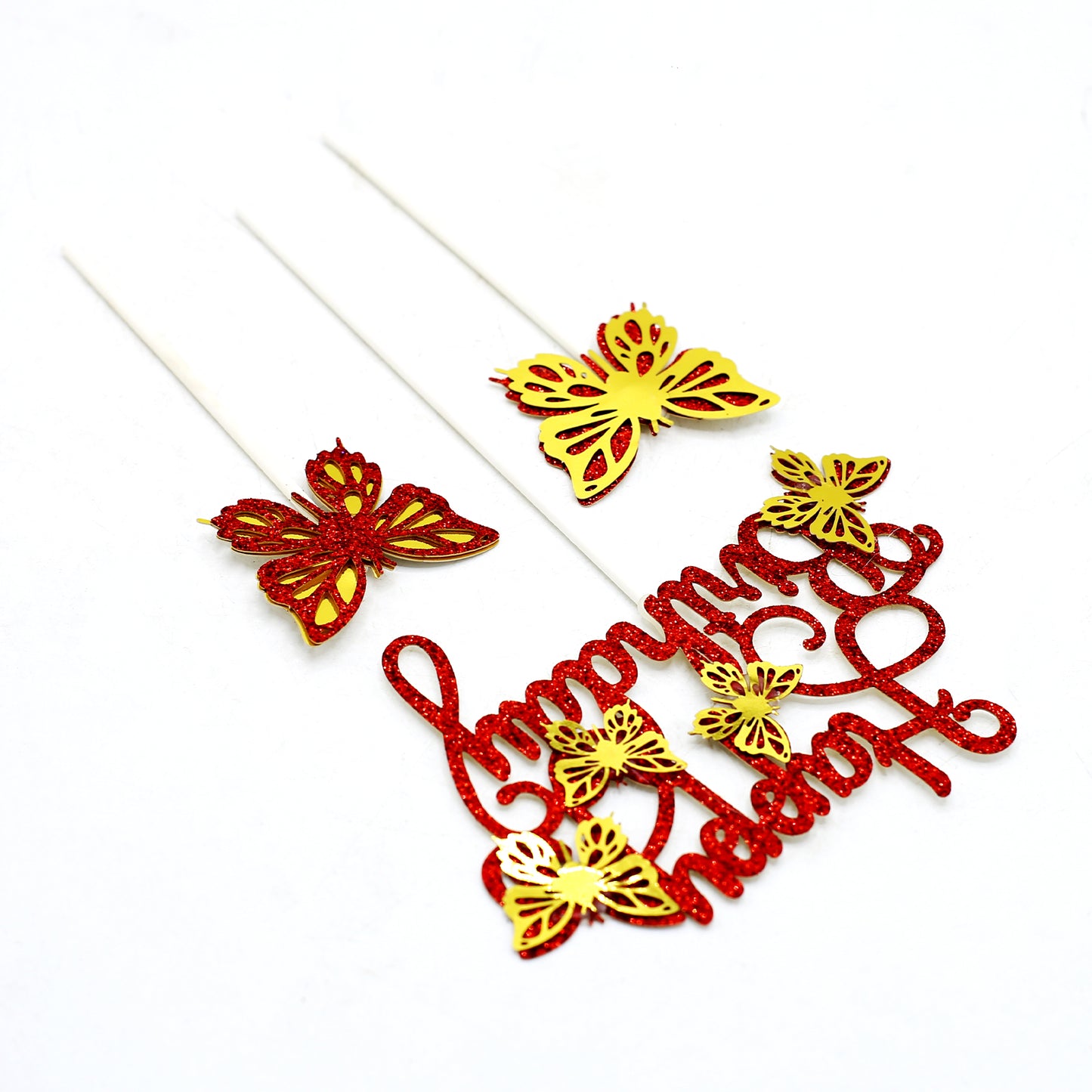 Happy Birthday And Butterfly Cake Topper 3Pcs Set Red