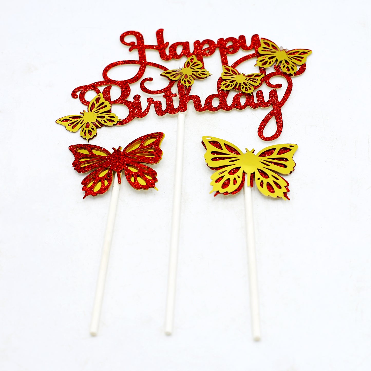 Happy Birthday And Butterfly Cake Topper 3Pcs Set Red