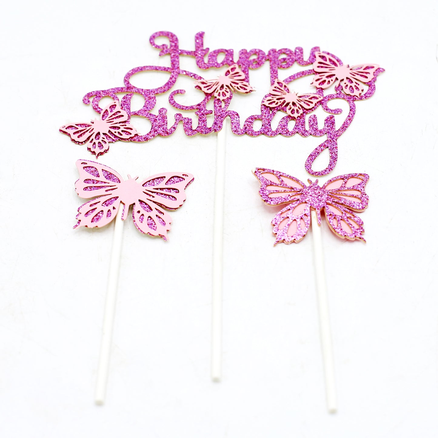 Happy Birthday And Butterfly Cake Topper 3Pcs Set Pink