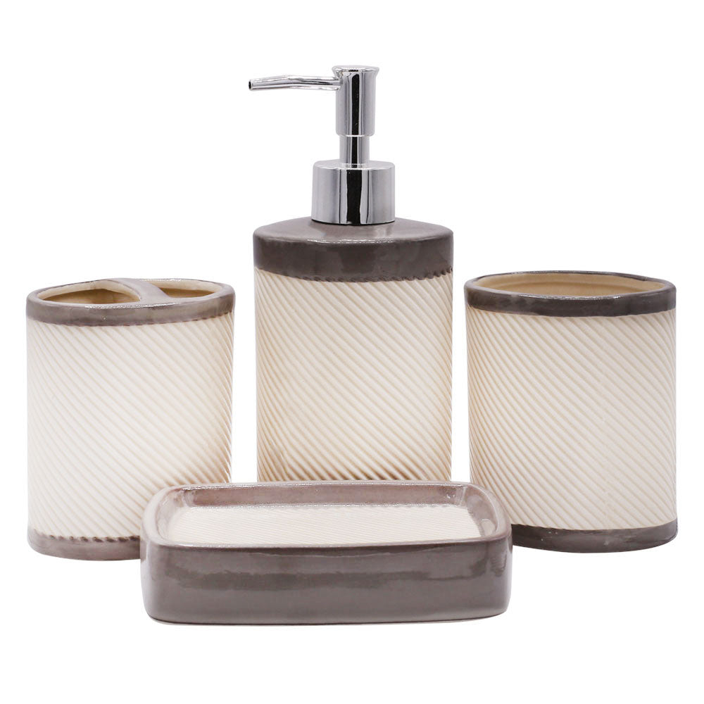 Creamy White Diagonal Lines 4 Pcs Ceramic Bathroom Accessories Set