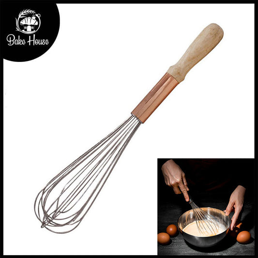 Stainless Steel Copper Colored Hand Whisk With Wooden Handle 15.5 Inch