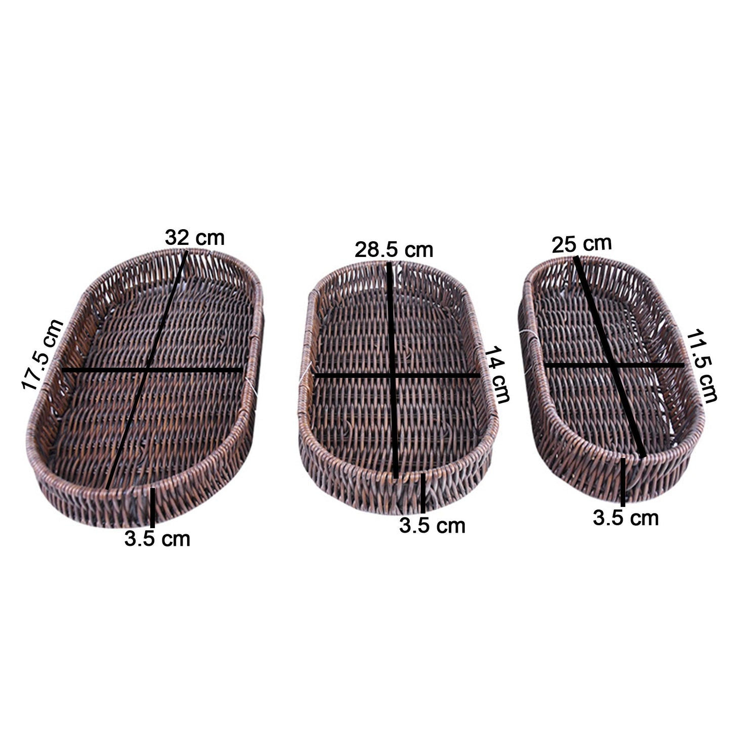 Plastic Woven Oval Shape Flat Tray Dark Brown 3Pcs Set
