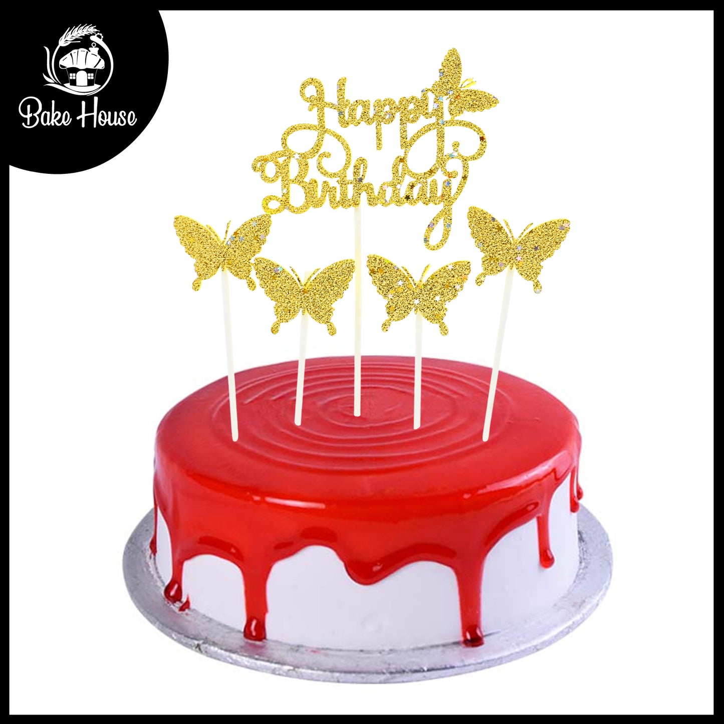 Happy Birthday And Butterfly Cake Topper Golden 5Pcs Set