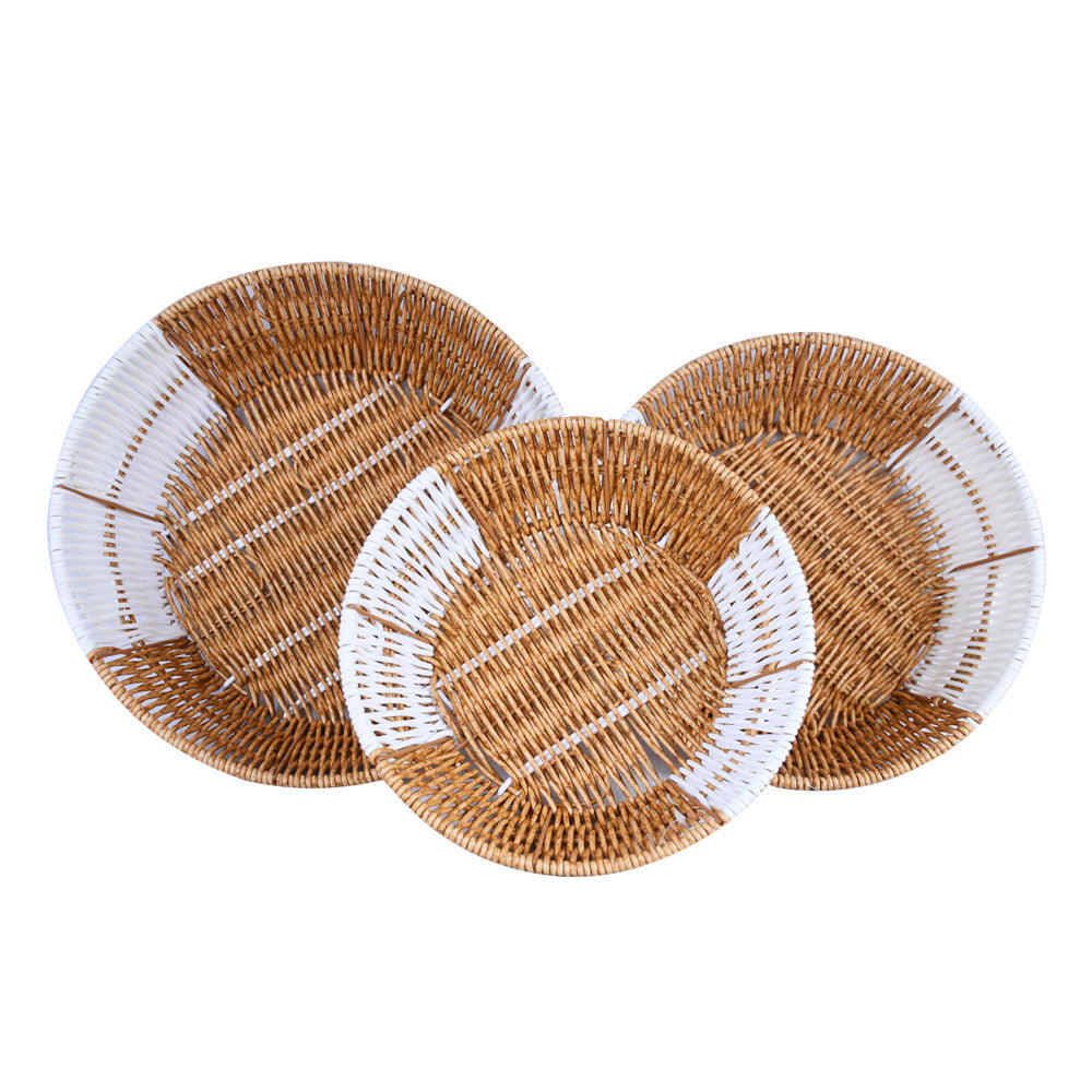 Plastic Woven Round Shape Basket Brown & White 3Pcs Set