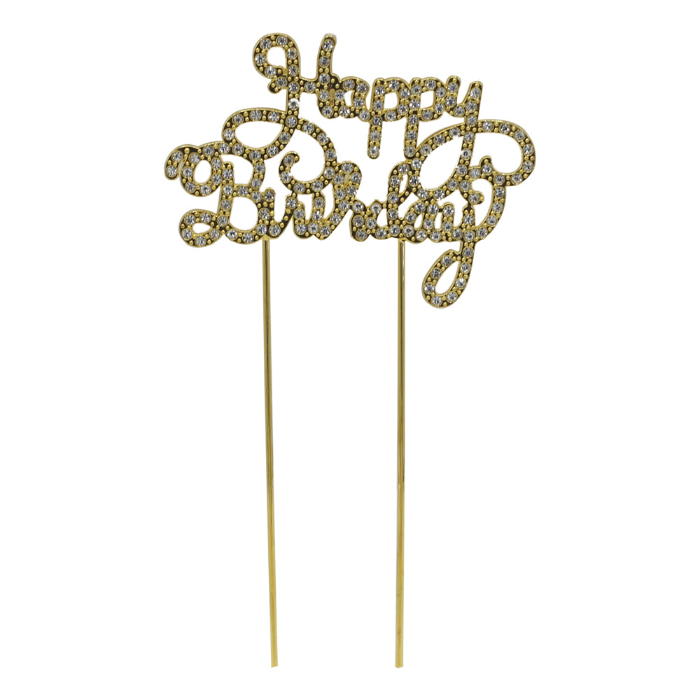 Happy Birthday Cursive Writting Cake Topper Golden With Silver Nugs
