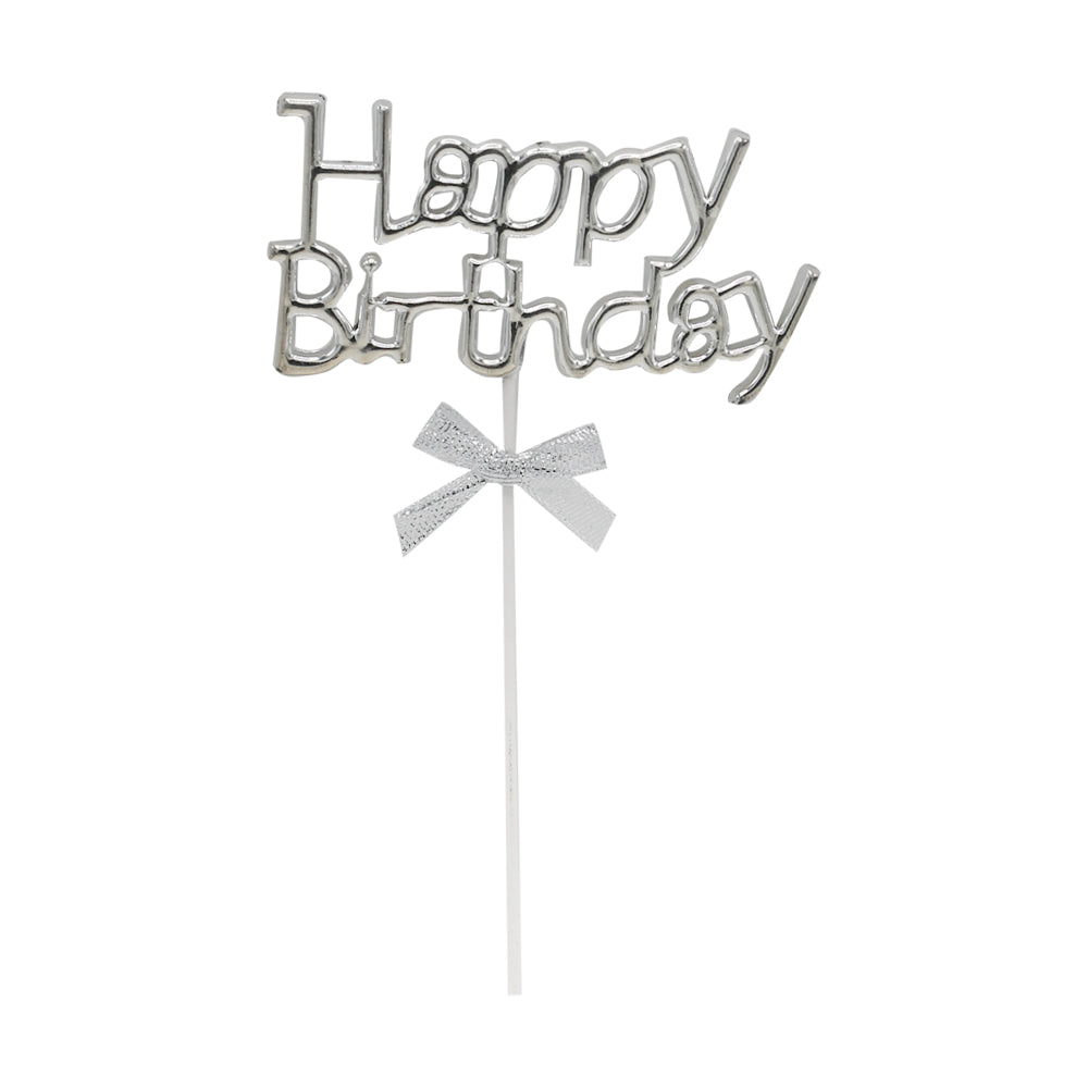 Happy Birthday Cake Topper Silver