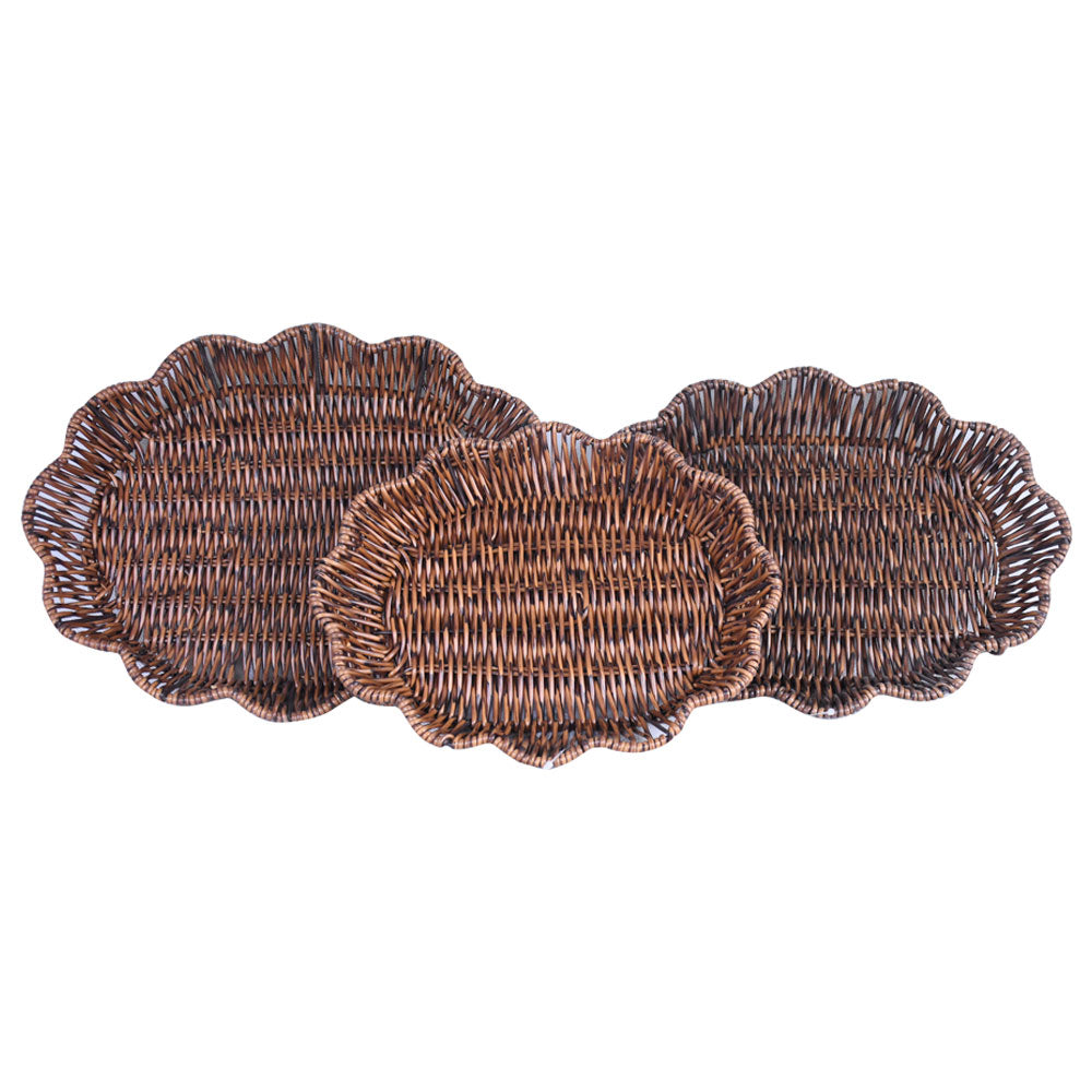 Plastic Woven Cloud Shape Flat Tray Dark Brown 3Pcs Set