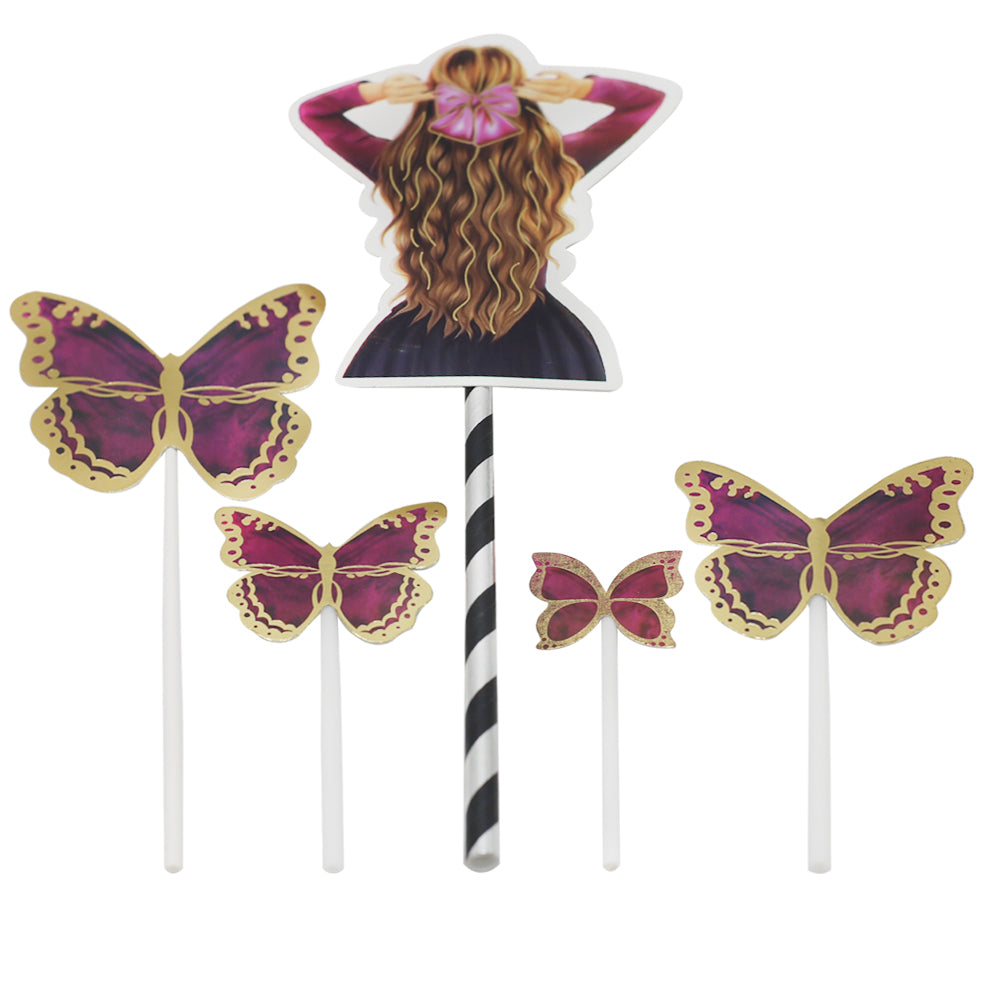 Butterfly And Girl Cake Topper 5pcs Set Purple