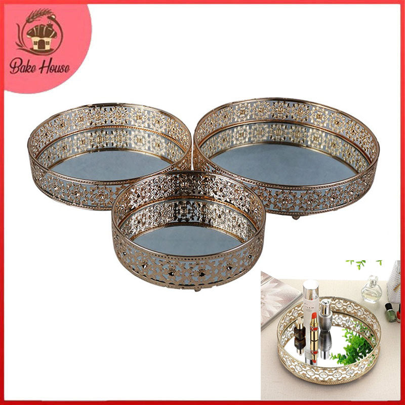 Decorative Mirror Base Round Desserts & Cosmetics Organizer Tray 3 Sizes Set
