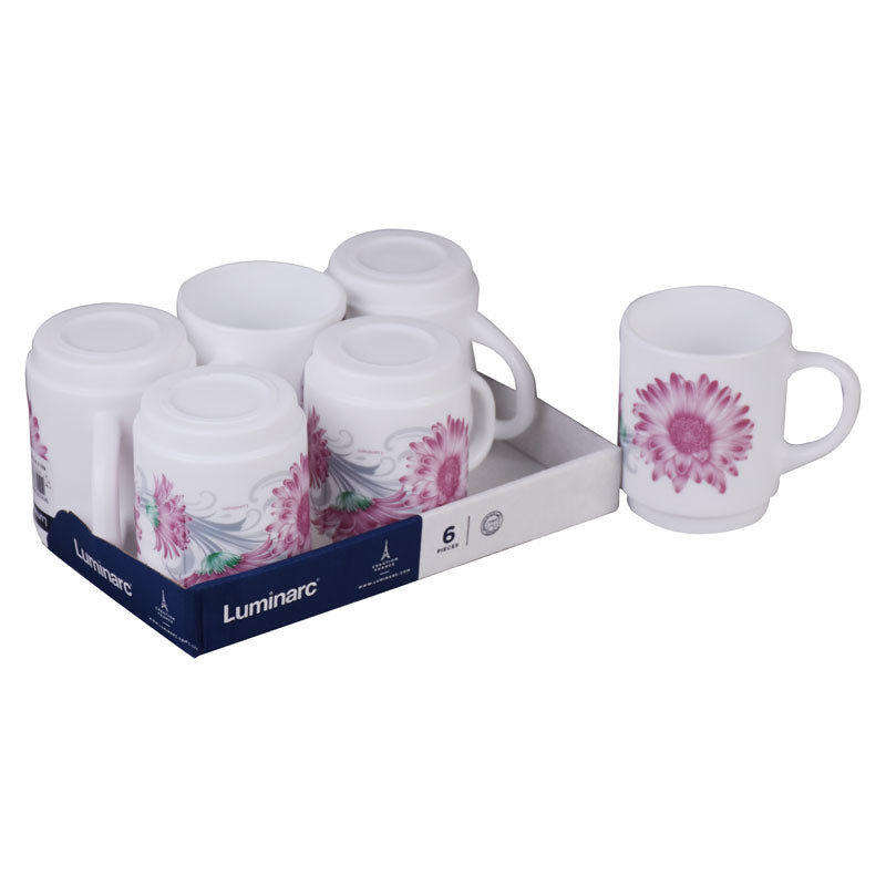 Luminarc Gerbera Flower Design Tea, Milk And Coffee Drinking Cups 6 Pcs Set