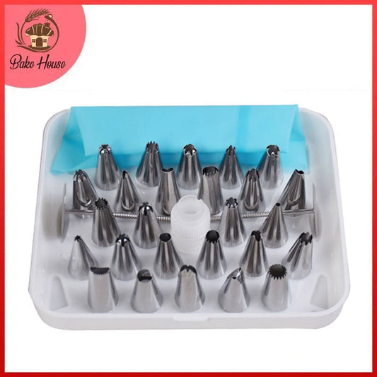26Pcs Nozzle Set Steel With Coupler, Icing Bag & 2 Flower Nails