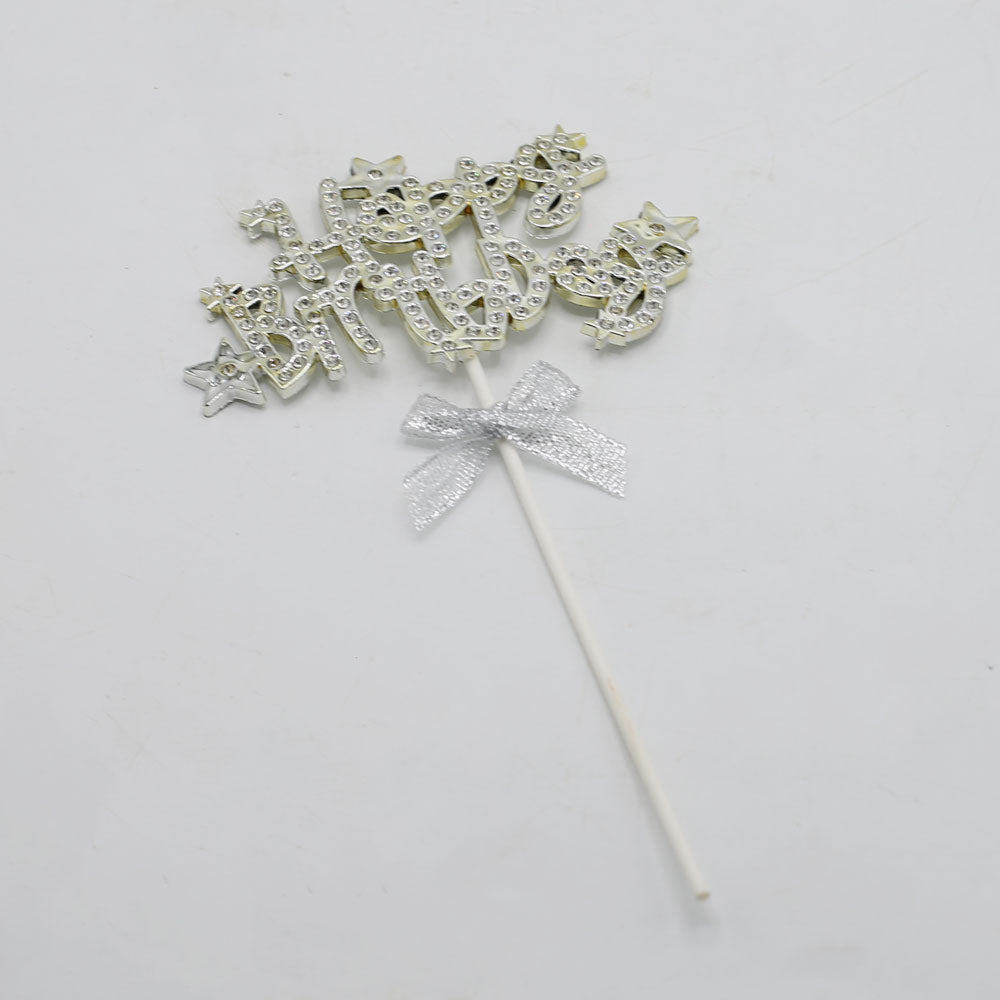 Happy Birthday Cake Topper Silver With Ribbon And Silver Nugs Star Design