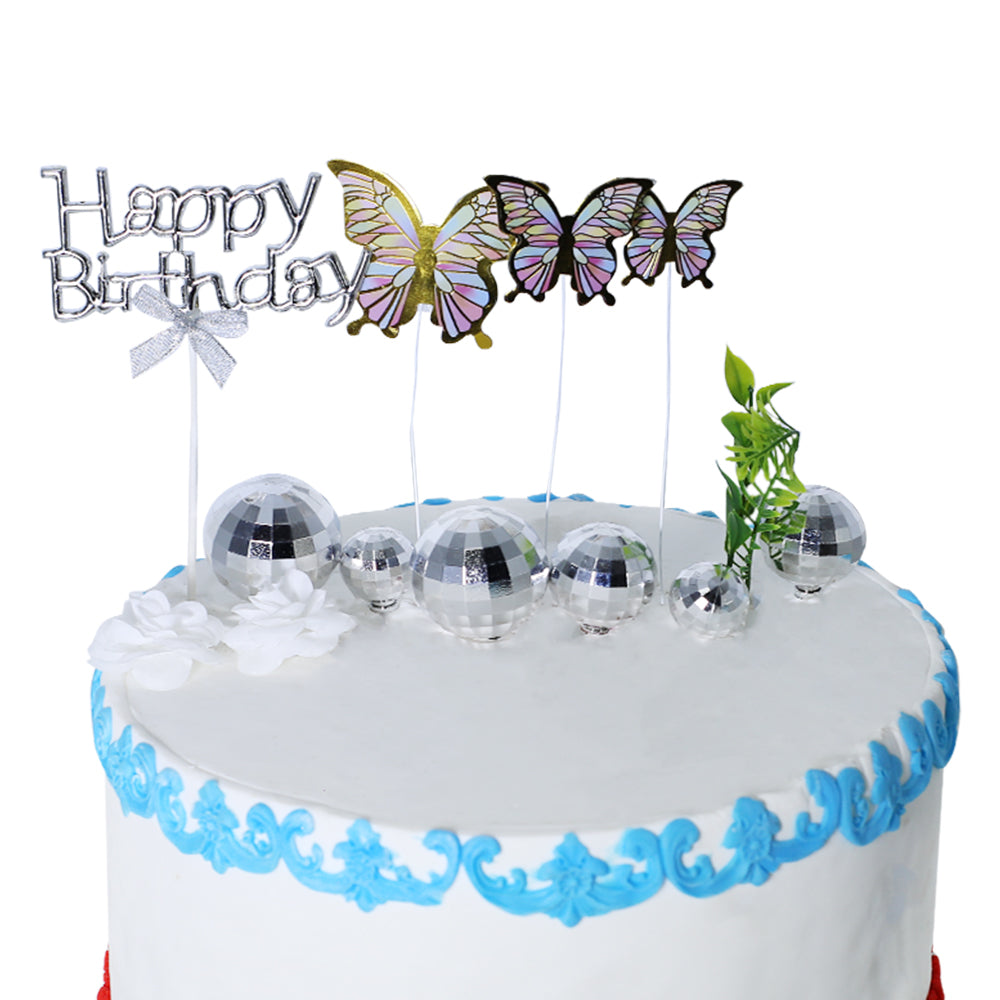 Happy Birthday Silver Cake Topper With Vintage Ball, Flower, Leave And Butterfly 12Pcs Set