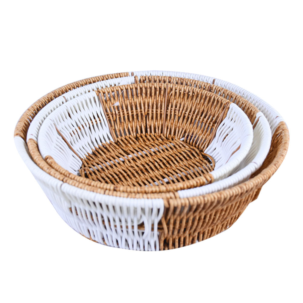 Plastic Woven Round Shape Basket Brown & White 3Pcs Set