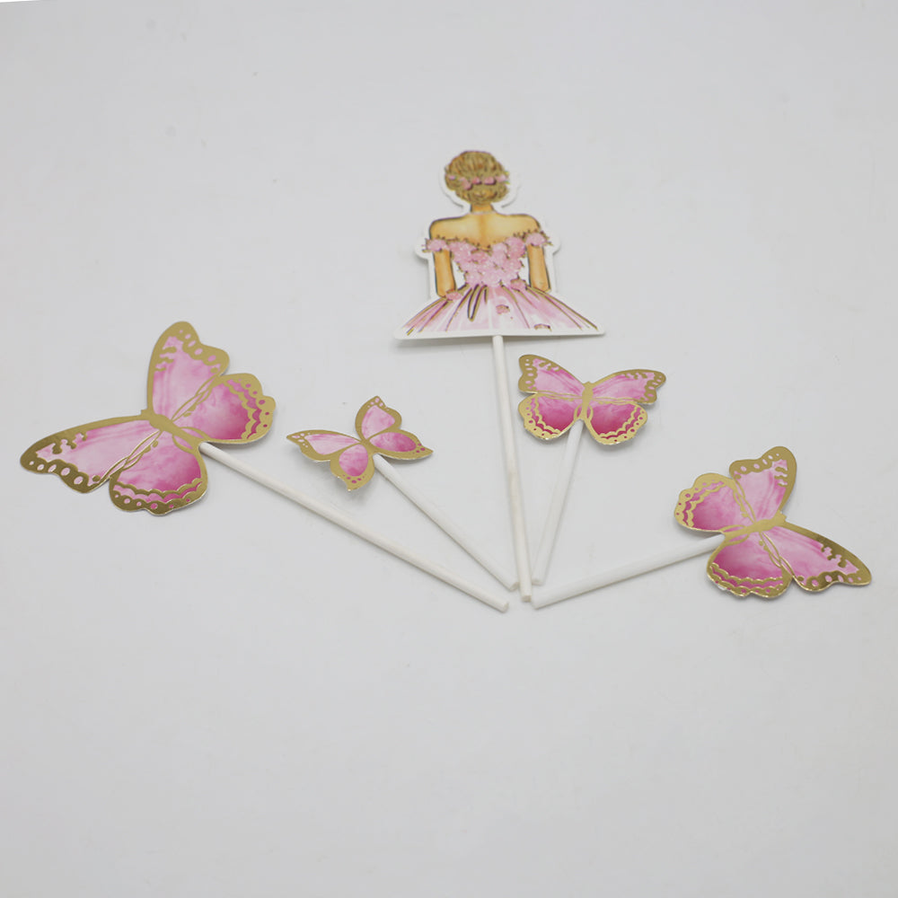 Butterfly And Girl Cake Topper 5pcs Set Pink
