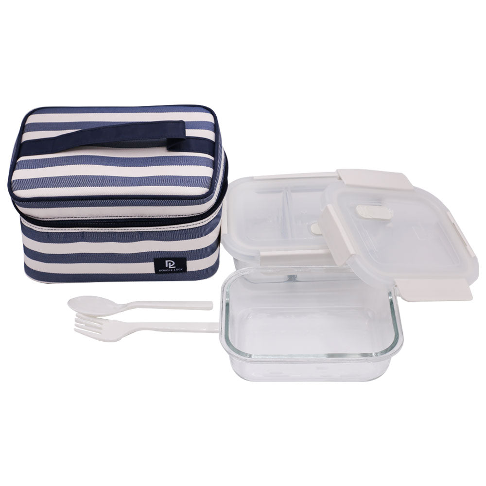 DL 2Pcs Glass Lunch Box With Blue Lining Rectangle Bag