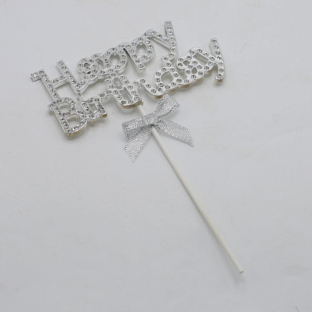 Happy Birthday Cake Topper Silver With Ribbon And Silver Nugs