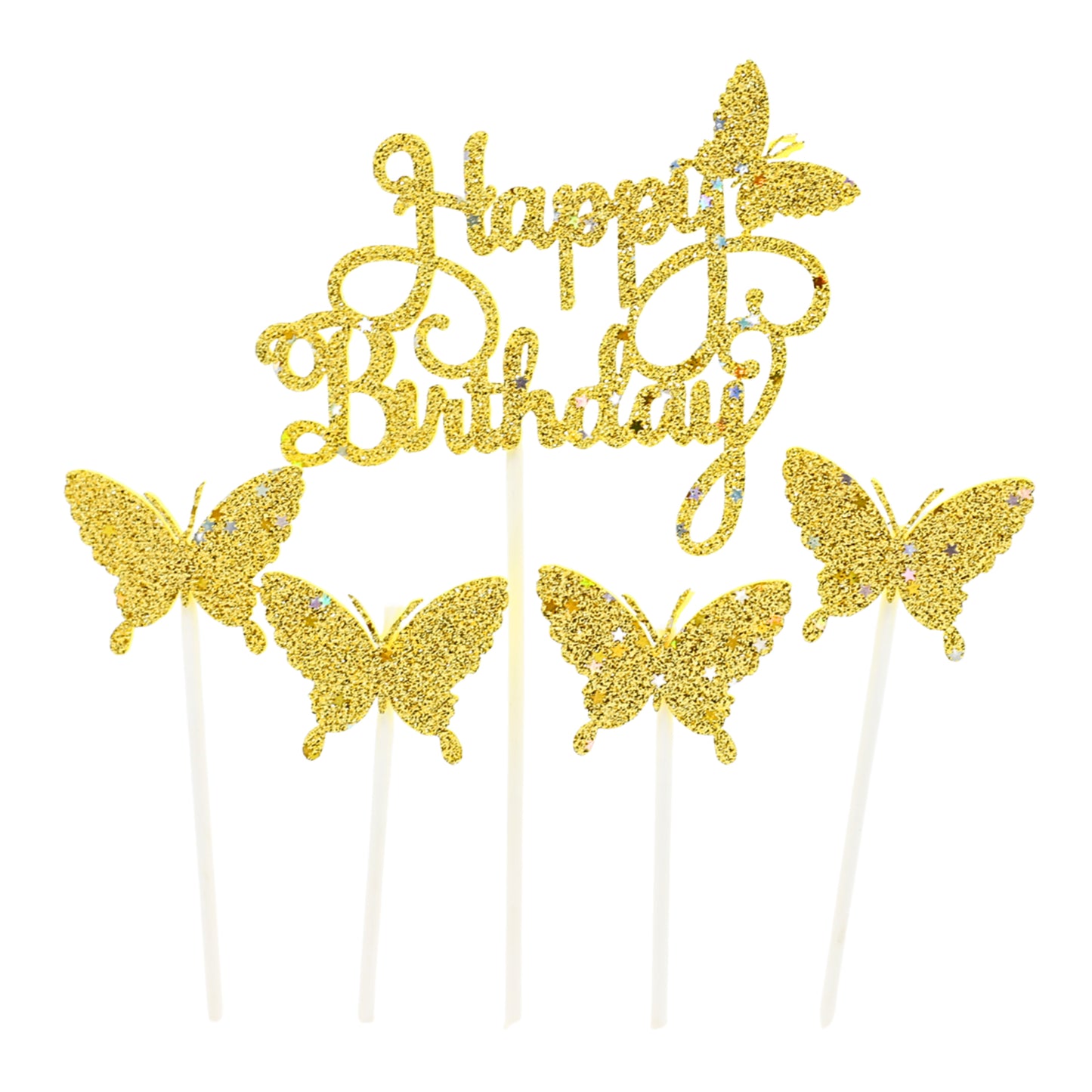 Happy Birthday And Butterfly Cake Topper Golden 5Pcs Set