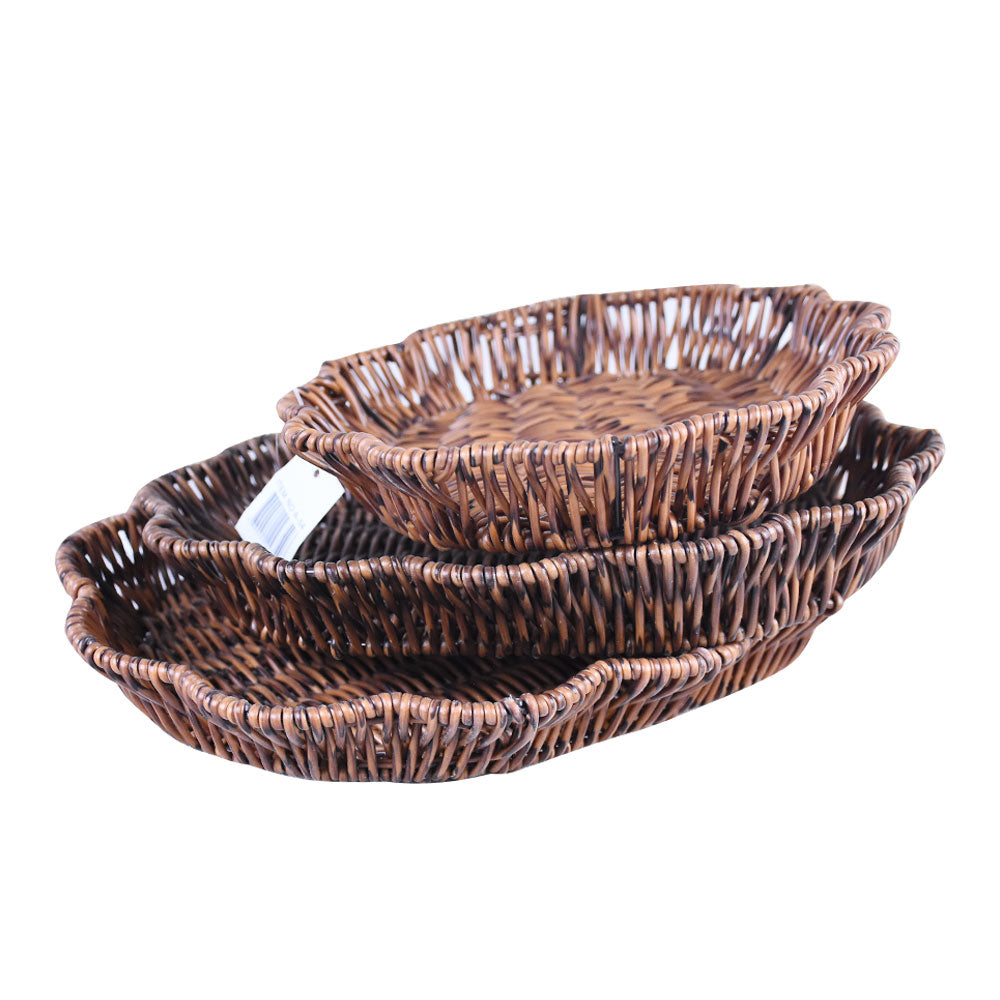 Plastic Woven Cloud Shape Flat Tray Dark Brown 3Pcs Set