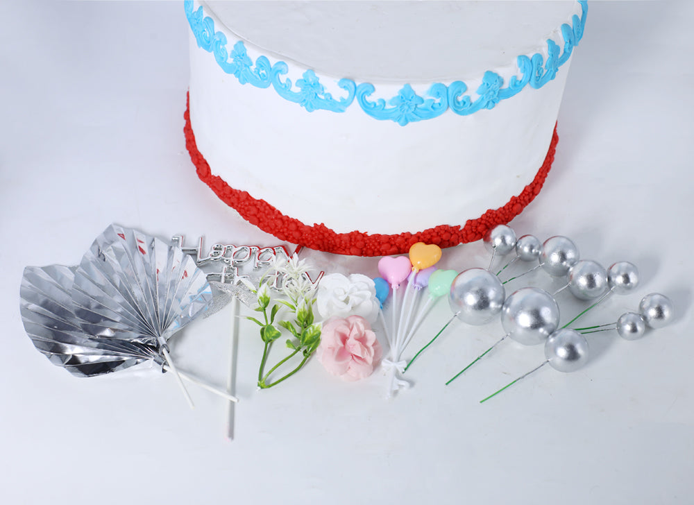 Happy Birthday Cake Topper Silver With Palm Leave, Heart, Faux Ball And Flower 17Pcs Set