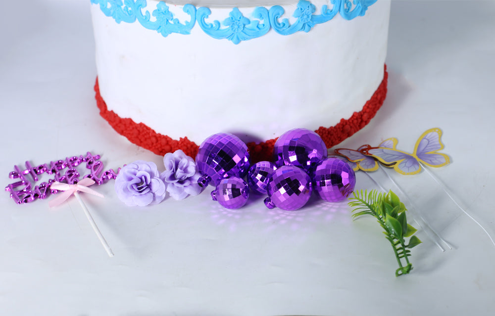 Happy Birthday Purple Cake Topper With Vintage Ball, Flower, Leave And Butterfly 12Pcs Set