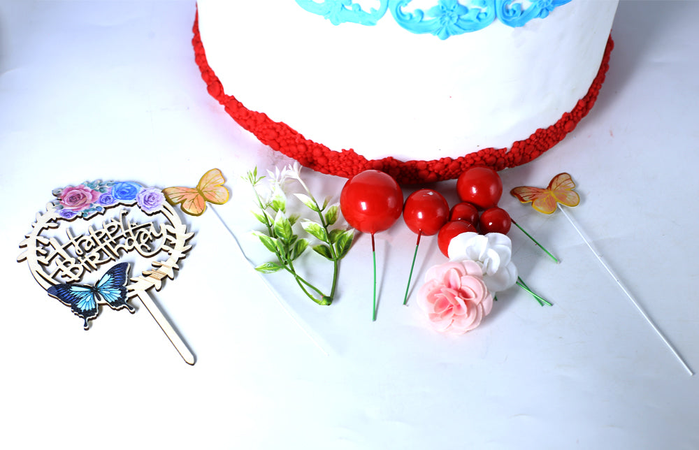 Happy Birthday Cake Topper With Faux Ball, Butterfly, And Flower 12Pcs Set (Red)