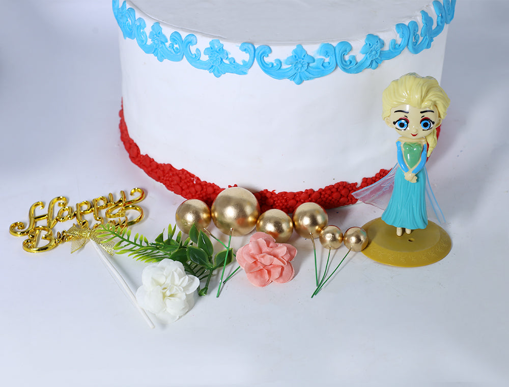 Happy Birthday Cake Topper Golden With Faux Ball, Leave, Flower, And Blue Doll 12pcs Set