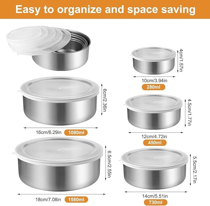 Stainless Steel Bowl 5Pcs Set (10,12,14,16,18 CM)