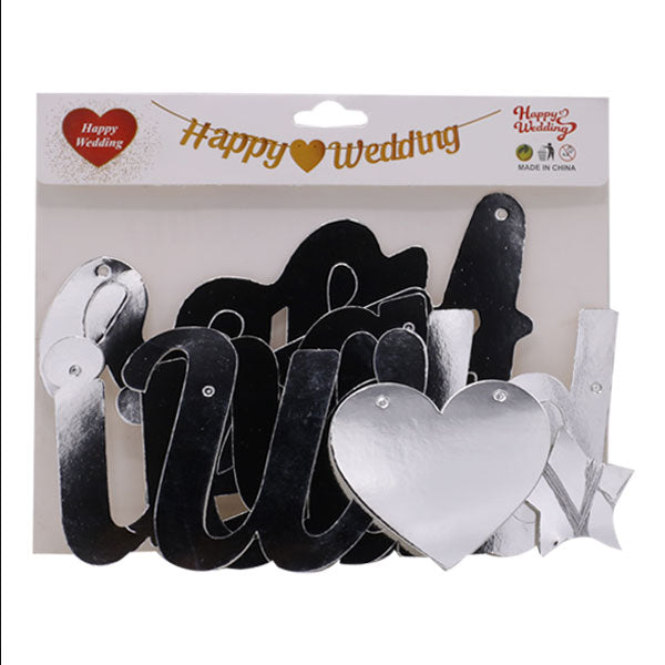 Happy Wedding Cursive Writting Letters Shape Wall Banner For Party Decoration Silver