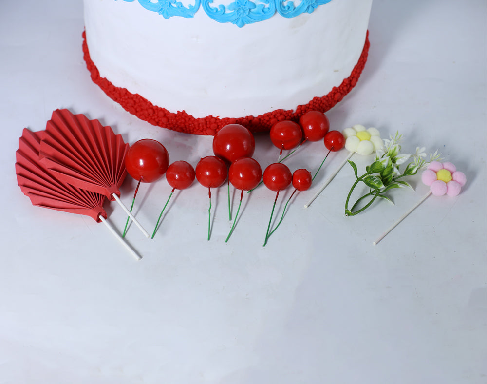Red Faux Ball Topper With Palm Leave, And Flower 14Pcs Set