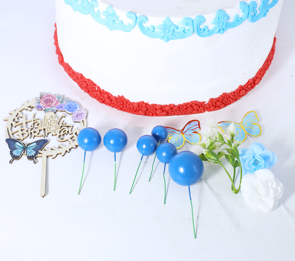 Happy Birthday Cake Topper With Faux Ball, Butterfly, And Flower 12Pcs Set (Blue)