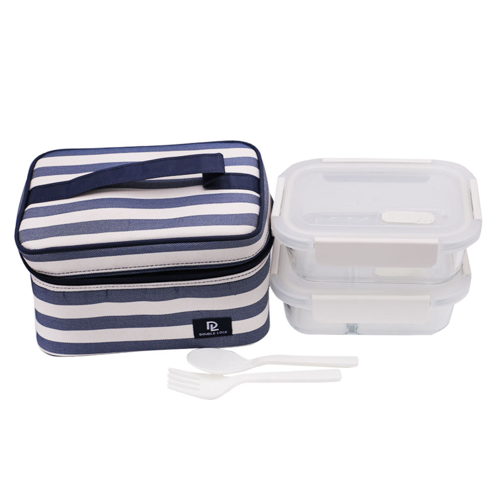 DL 2Pcs Glass Lunch Box With Blue Lining Rectangle Bag