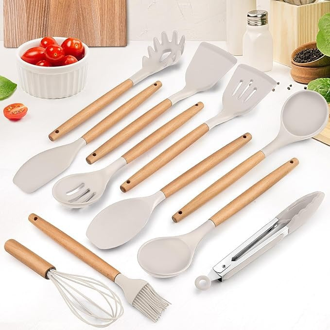 12-Piece Silicone Cooking Utensil Set With Wooden Handle And Holder.