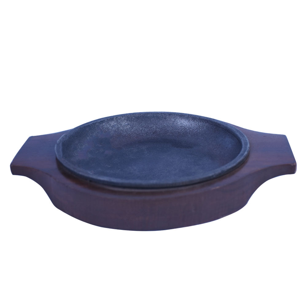Round Cast Iron Sizzler Plate 16.5cm With Wooden Base