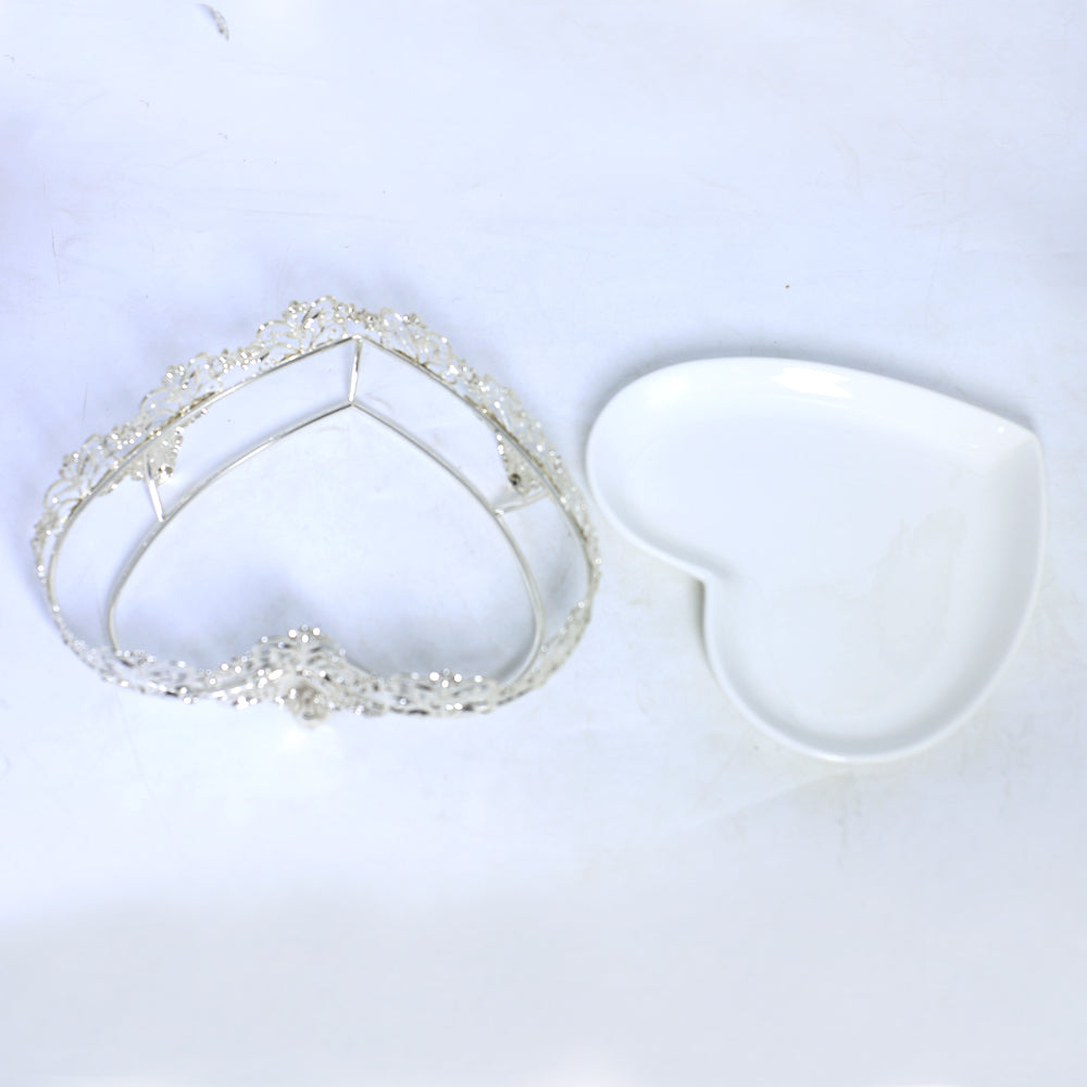 Heart Shape Decorated Silver Tray With Glass Plate