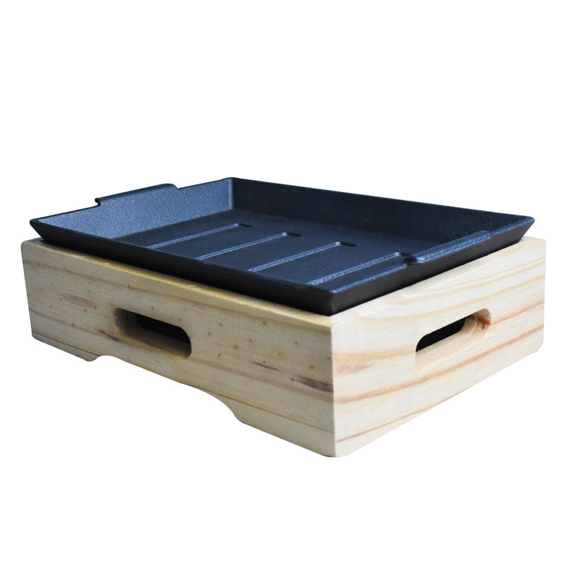 Rectangle Cast Iron Sizzler Plate With Wooden Holder