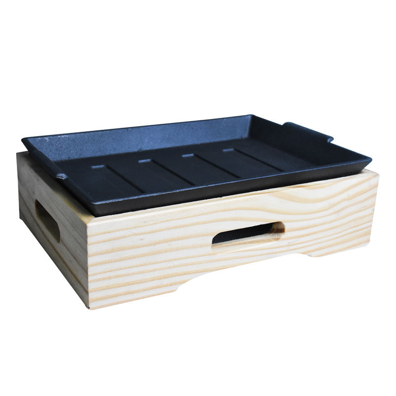 Rectangle Cast Iron Sizzler Plate With Wooden Holder