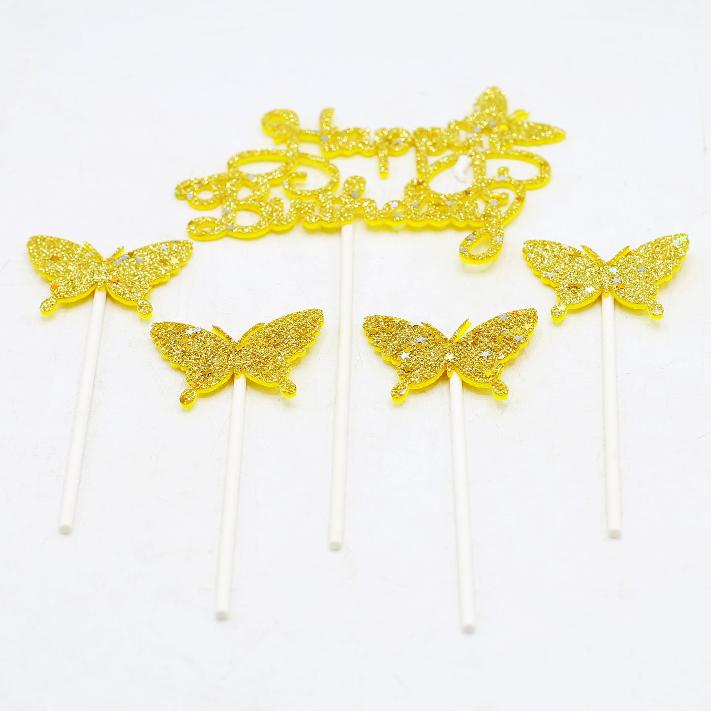 Happy Birthday And Butterfly Cake Topper Golden 5Pcs Set