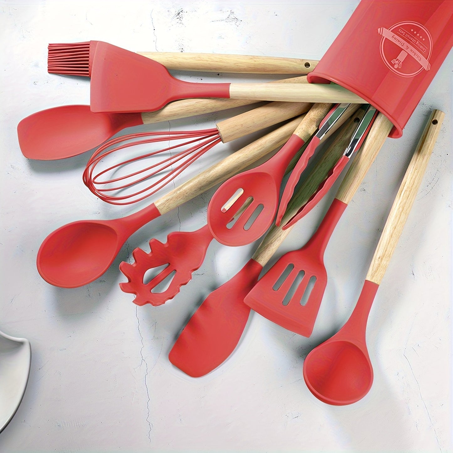 12-Piece Silicone Cooking Utensil Set With Wooden Handle And Holder (Red).