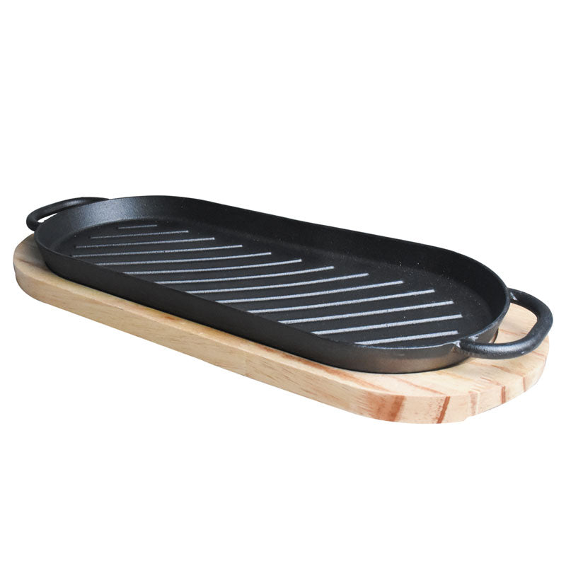 Oblong Cast Iron (37.5 x 16cm) Sizzler Tray Platter With Wooden Base