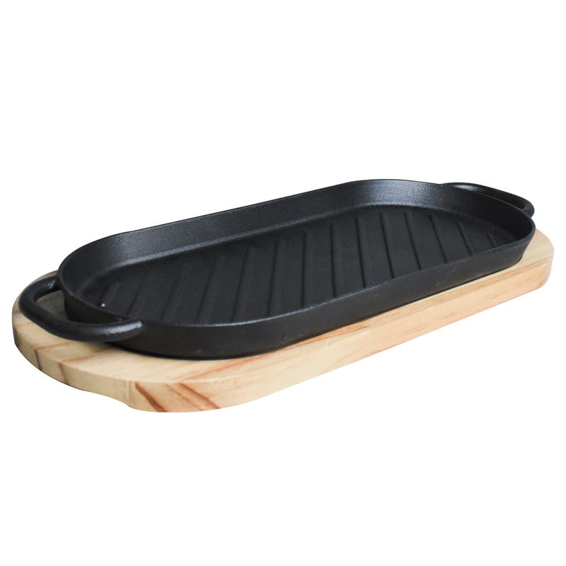 Oblong Cast Iron (37.5 x 16cm) Sizzler Tray Platter With Wooden Base