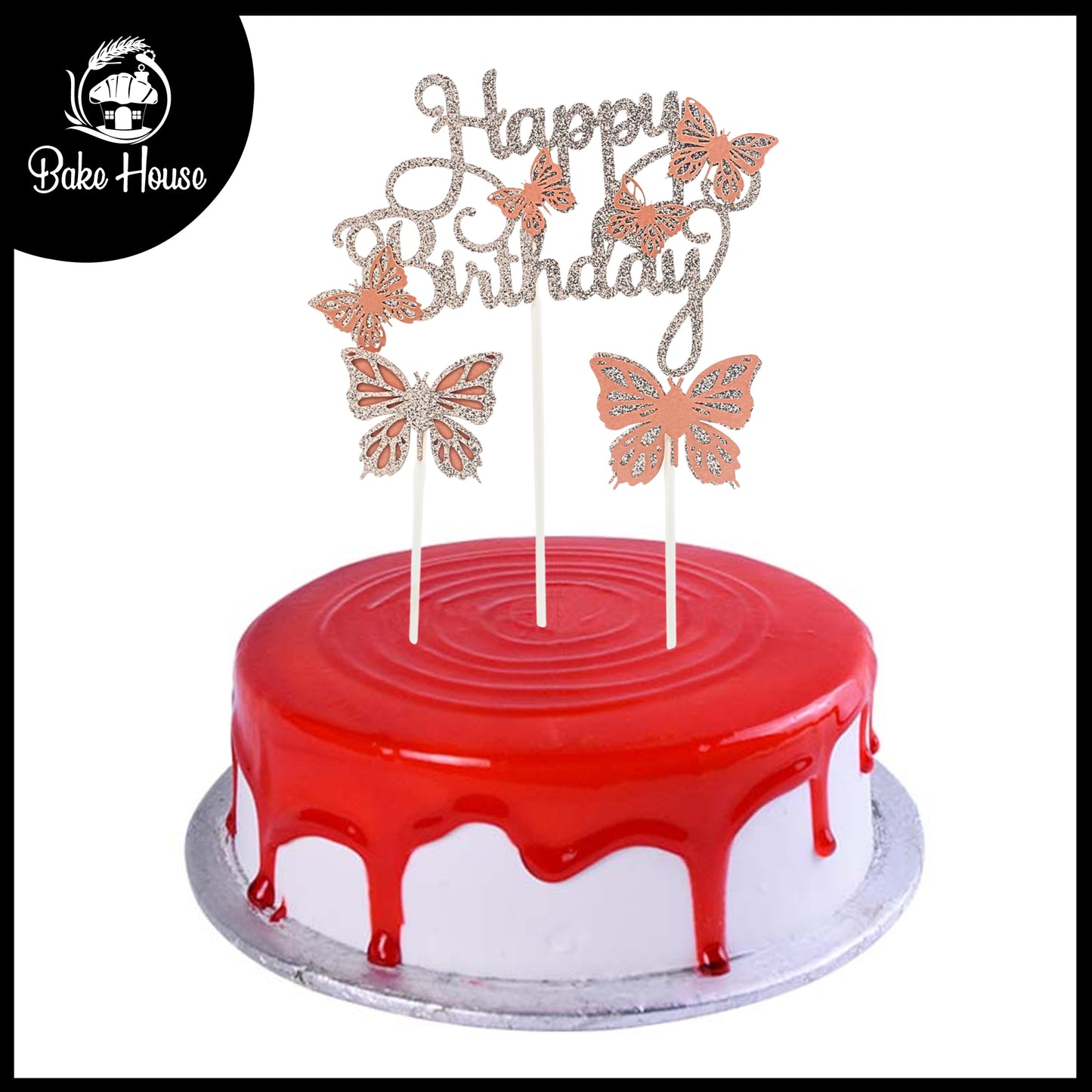 Happy Birthday And Butterfly Cake Topper 3Pcs Set Peach