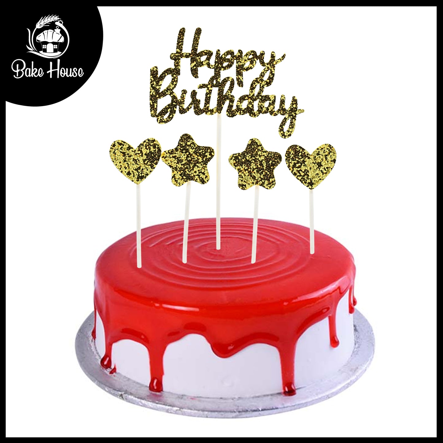 Happy Birthday, Star And Heart Cake Topper 3Pcs Set Red