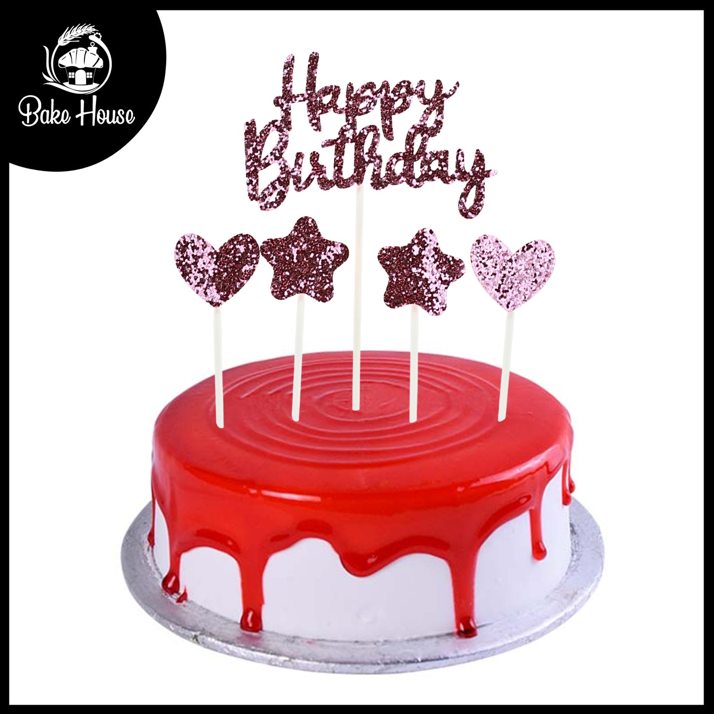Happy Birthday, Heart & Star Cake Topper Pink
